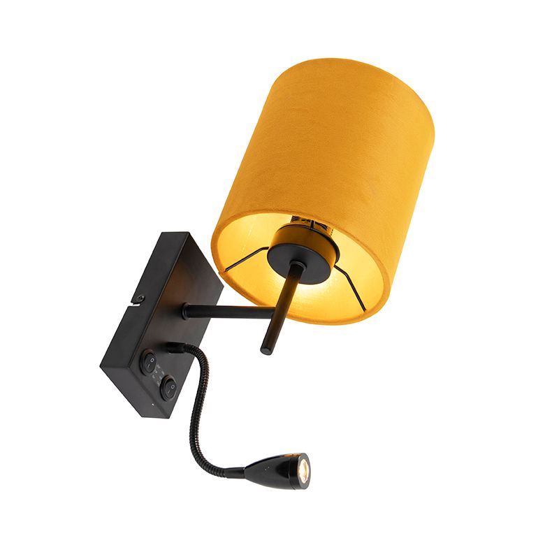 Wandlamp zwart met velours gele kap - Stacca