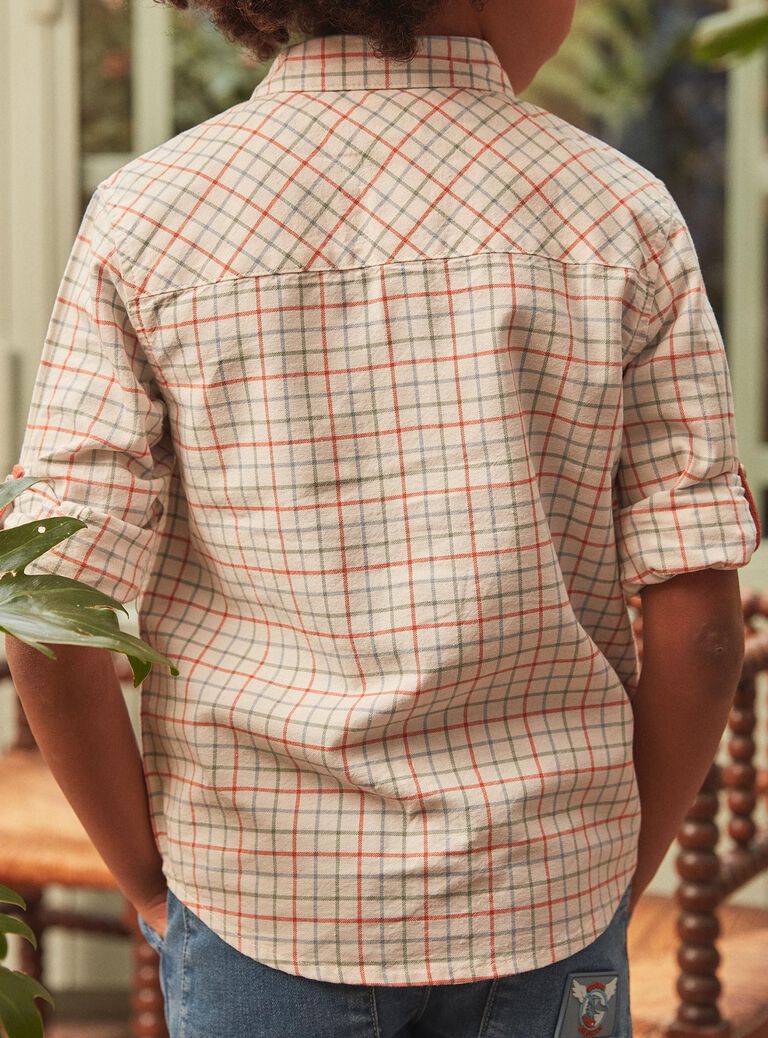 Chemise à carreaux écrue en popeline