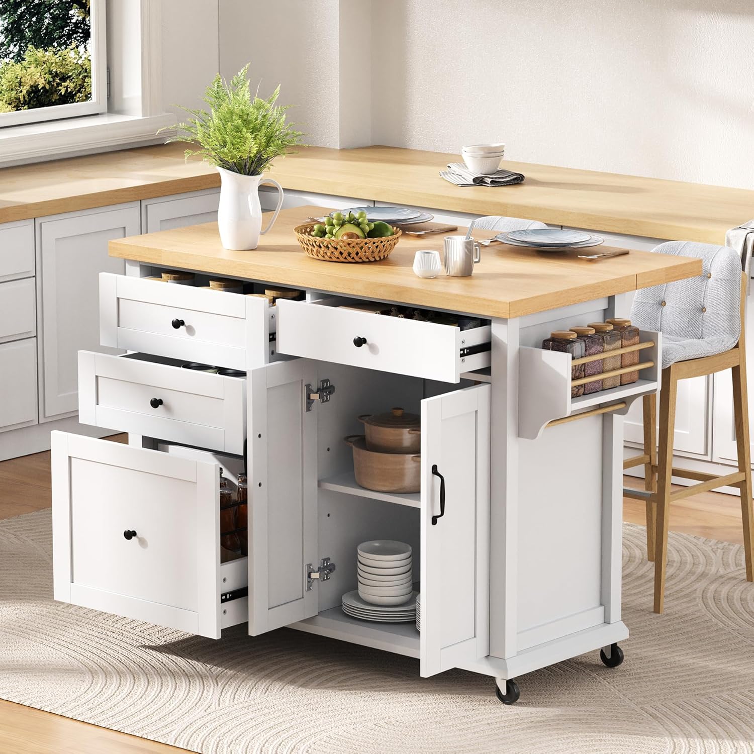 Küchenwagen mit 5 Rollen,Kücheninsel mit Klappbaren Arbeitsplatte,Küchenschrank mit 4 Schubladen,1 Doppeltür-Aufbewahrungsschrank,107 * 45(70)*90.5cm(L×W×H) Weiß