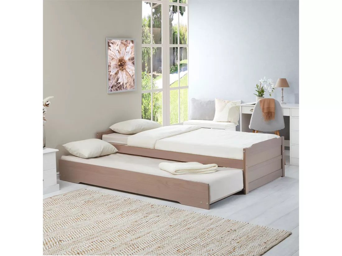 Lit gigogne LORENA 1 place tiroir lit simple fonctionnel pour enfant 90 x 190 cm en pin massif lasuré taupe