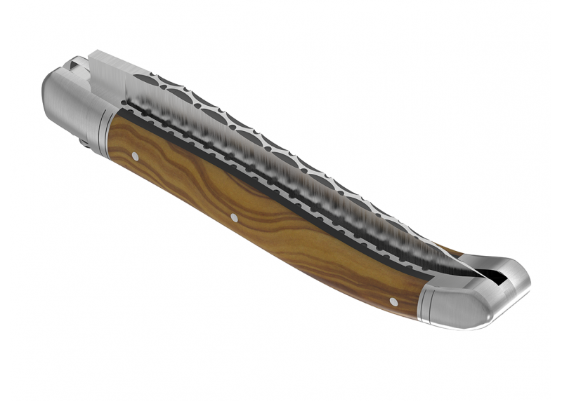 Couteau Laguiole prestige avec un manche en bois d'olivier et mitres en acier inoxydable
