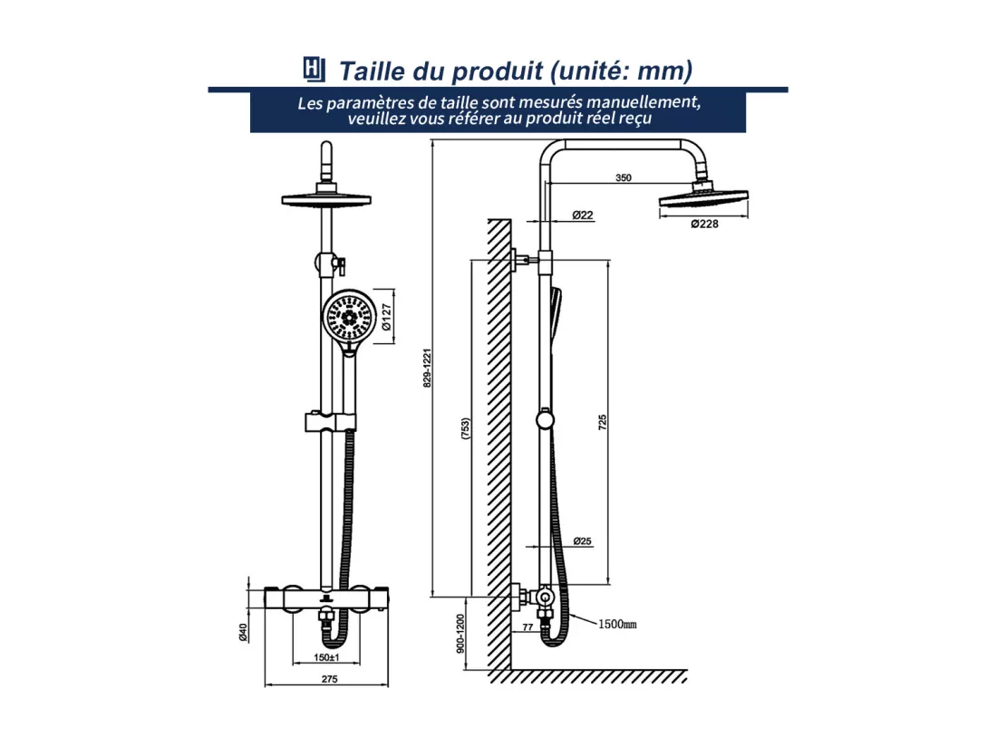 Colonne de Douche Thermostatique Ensemble de Douche Chromé Système de Douche Robinetterie en Laiton Kit de Douche Réglable