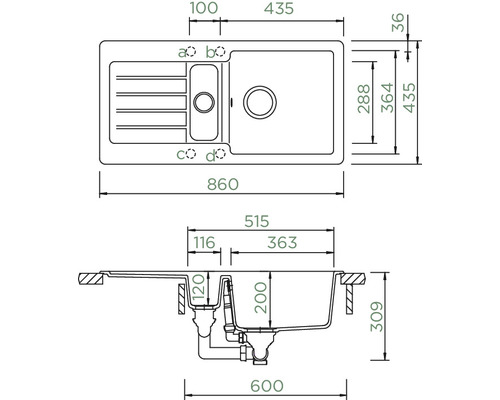 Schock Typos D-150S A spoelbak, 860 x 435 mm, asfalt, TYPD150SAGAS