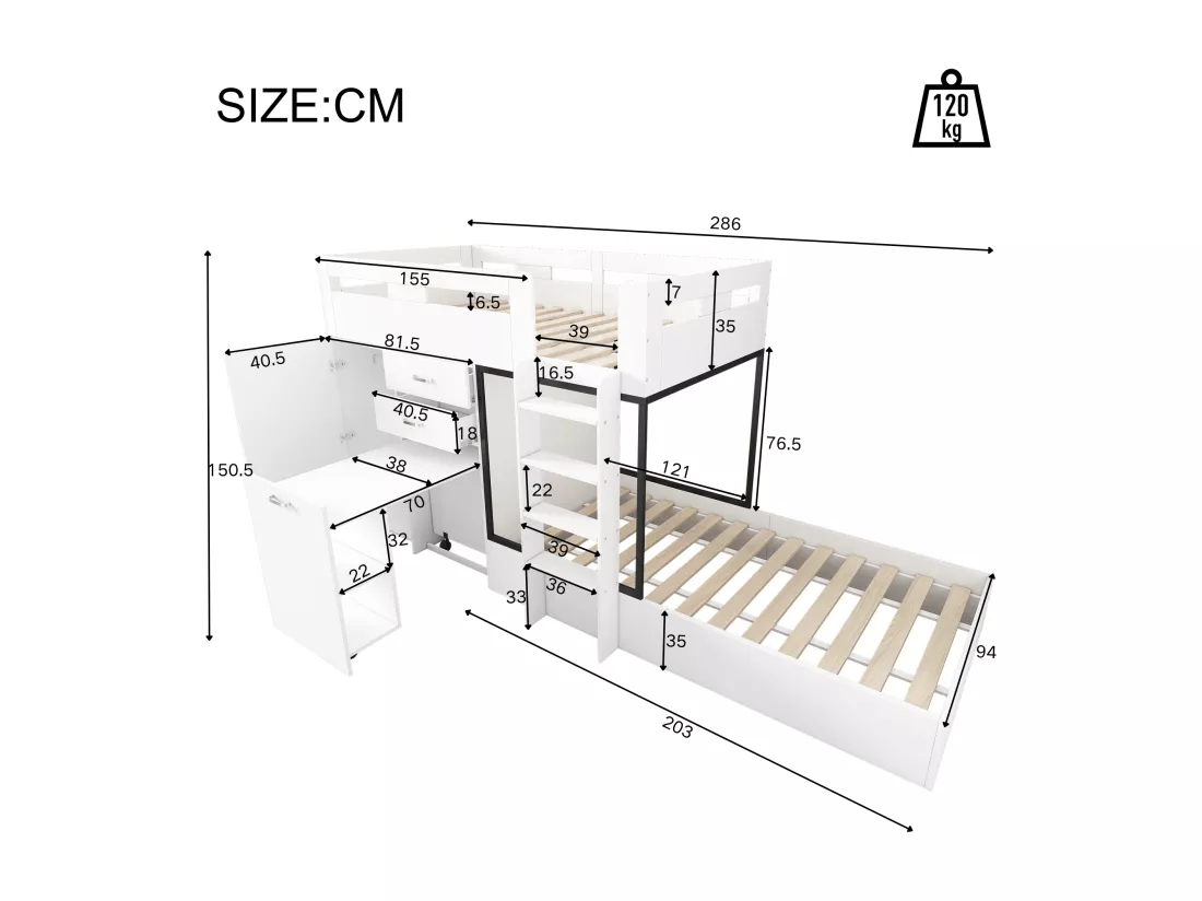 Lit superposé multifonctionnel - 2x90x200 cm- avec armoire et un bureau coulissant - Blanc (sans matelas)