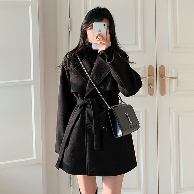 Bubapop - Trenchcoat met kraag, effen sjerp en dubbele rij knopen