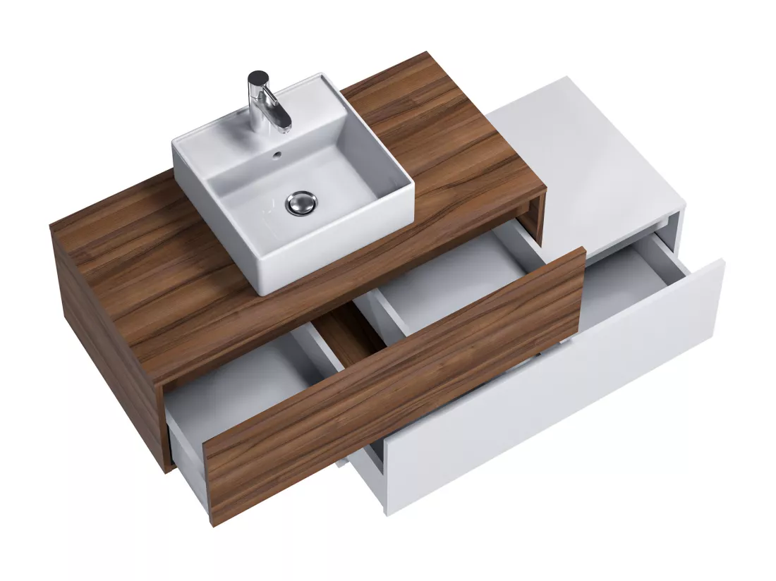 Meuble de salle de bain suspendu naturel foncé et blanc avec simple vasque carrée et deux tiroirs - 94 cm - TEANA II