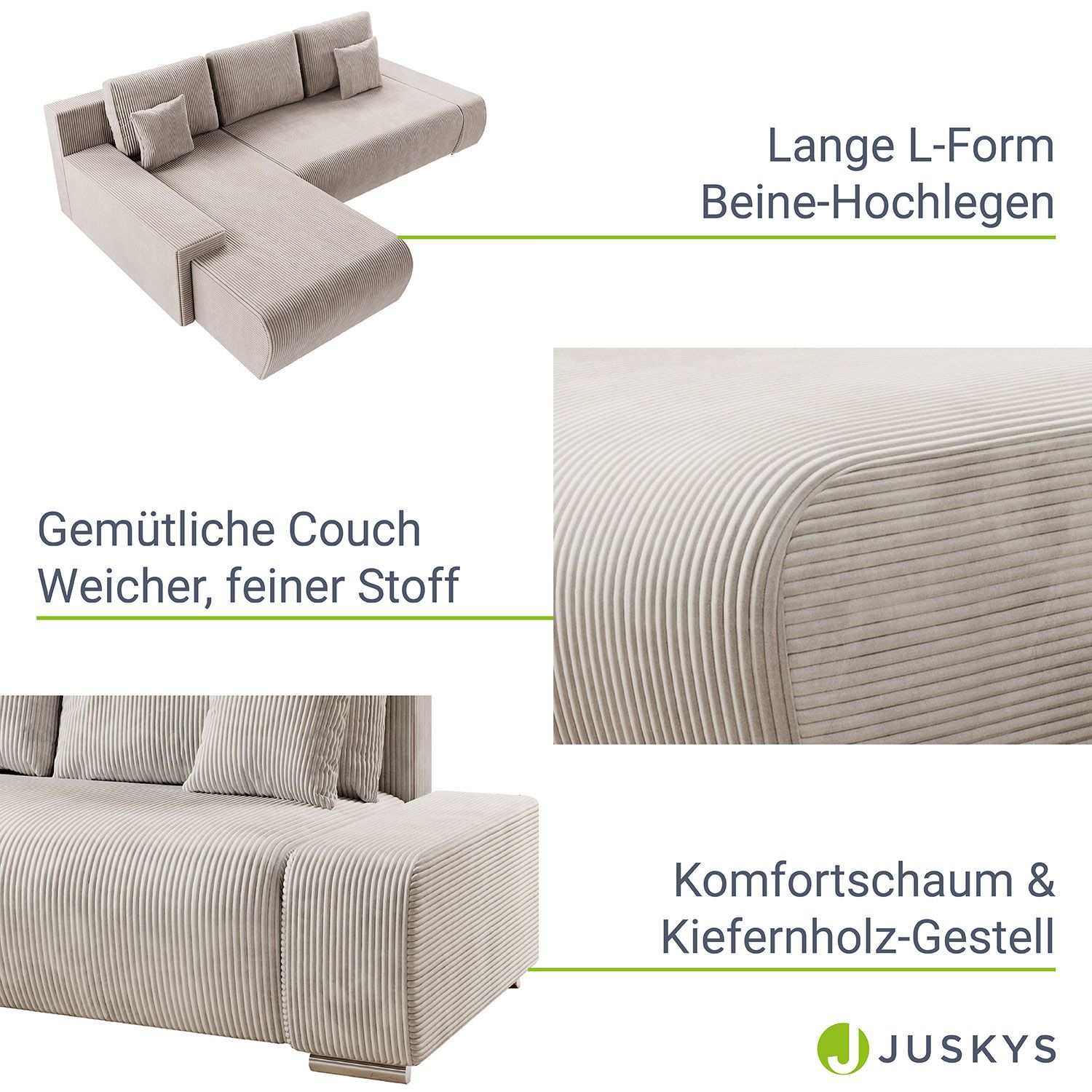 Juskys Sofa Iseo Links mit Schlaffunktion - Stoff Couch L Form für Wohnzimmer - Beige