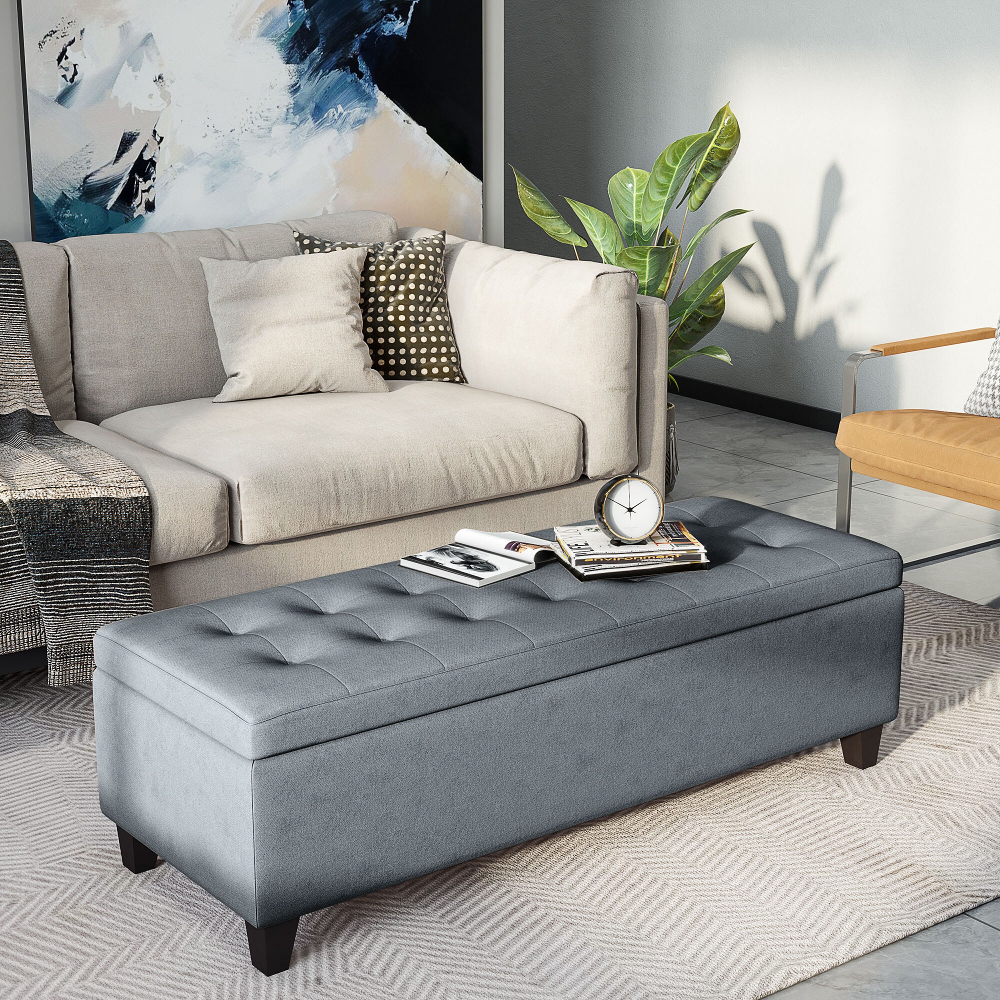 HOMCOM Sitzbank mit Stauraum und Sitzpolster grau 125L x 49B x 41,5H cm