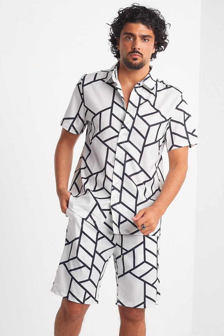 Ensemble 2 pièces chemise + short blanc à motif géométrique