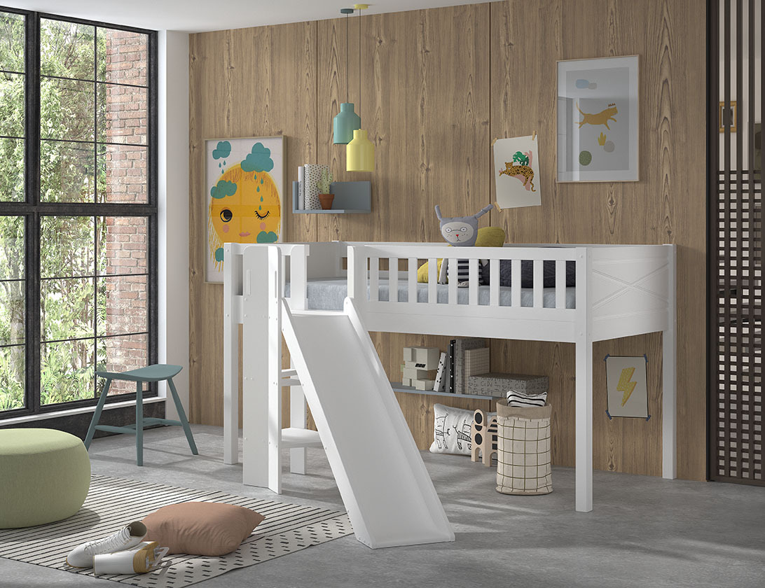 Spielbett SCOTT - weiß - mit Leiter und Rutsche - 90x200 cm