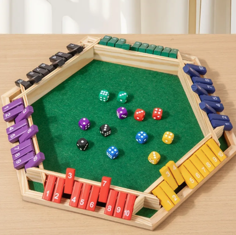 (38x38cm) Holz Shut the Box Brettspiel Hexagon Zahlen Klapp Gesellschaftsspiel inkl. Würfel
