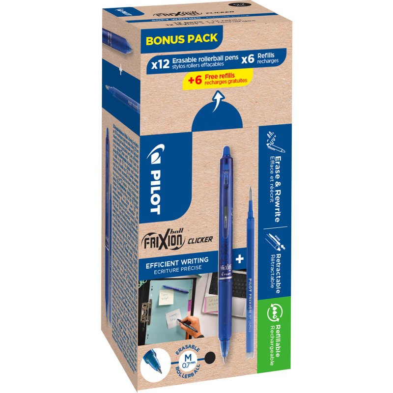 Pack de 12 rollers Frixion Clicker Pilot + 12 recharges dont 6 offertes