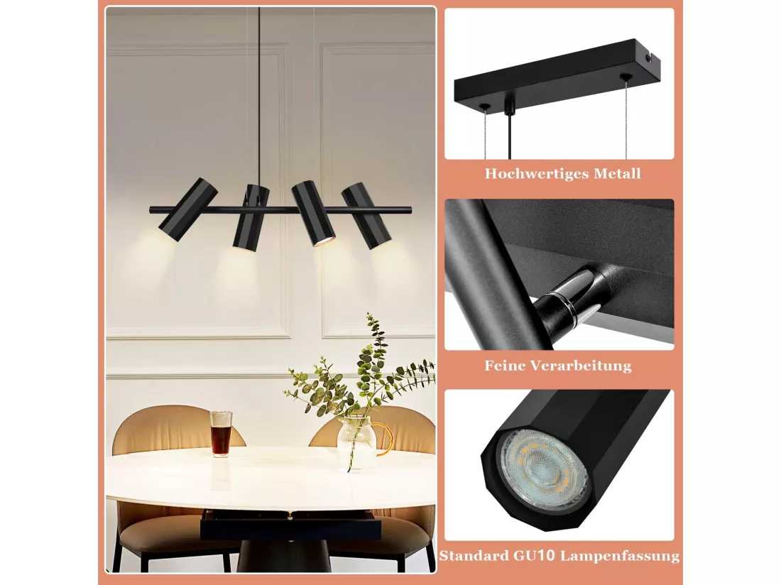 NETTLIFE Suspension métal noir diamètre 66 cm GU10 4 flammes salon moderne industriel pour intérieur cuisine chambre