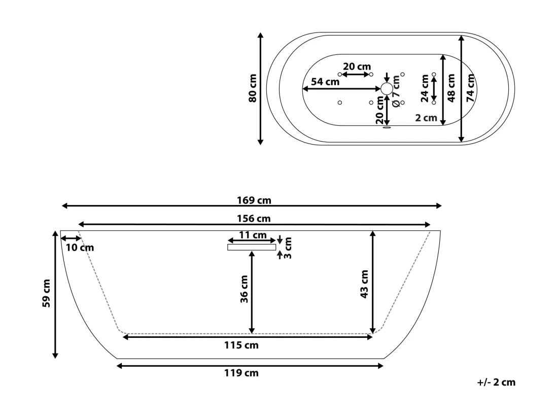 Baignoire îlot blanche 170 x 80 cm avec LED NEVIS