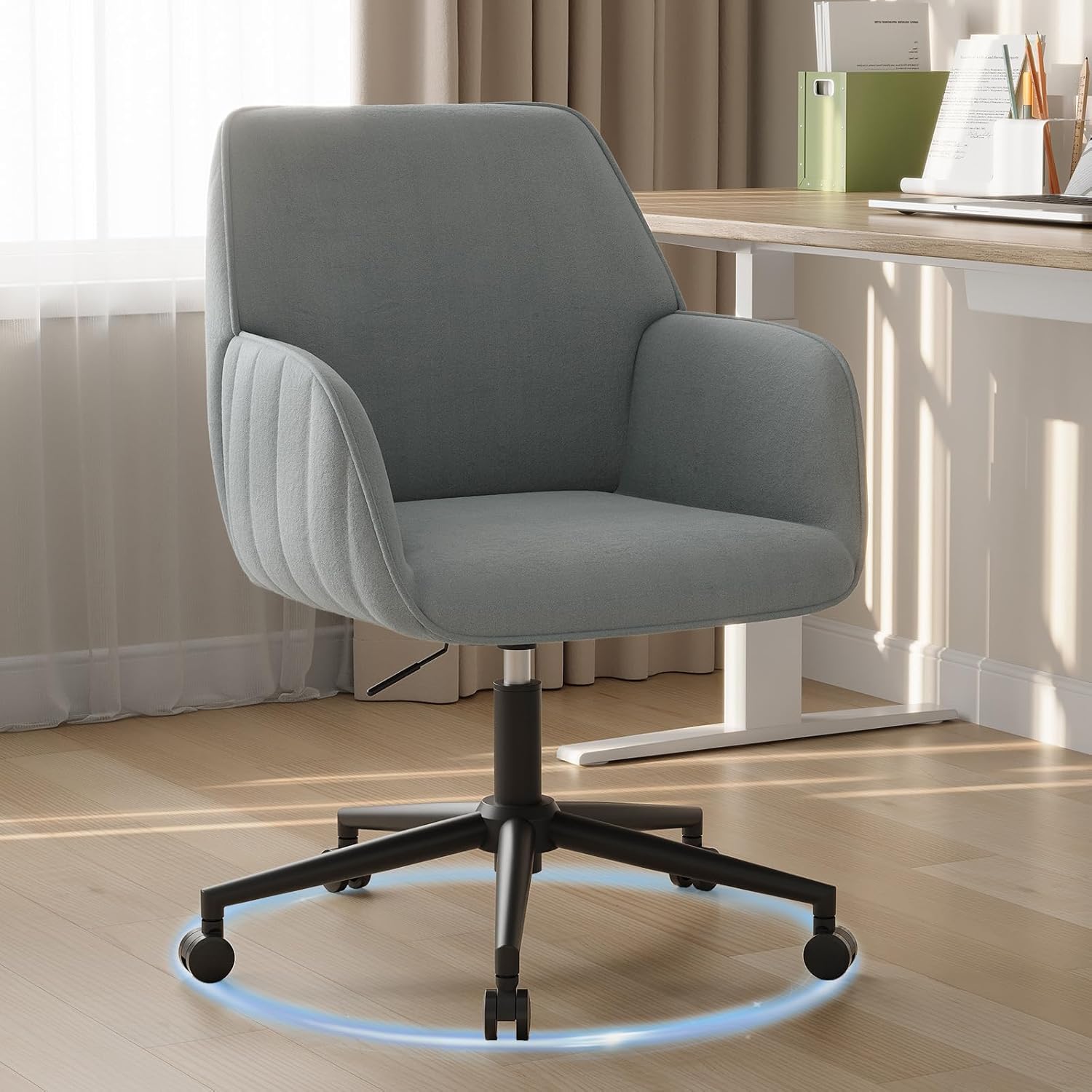 Schreibtischstuhl Bürostuhl Homeoffice bis 136kg Drehstuhl Samt Schminkstuhl mit Armlehnen Rollen Ergonomisch Bequem Frauen Mädchen Vanity Chair Höhenverstellbar Schlafzimmer Heimbüro Grau LB3869987