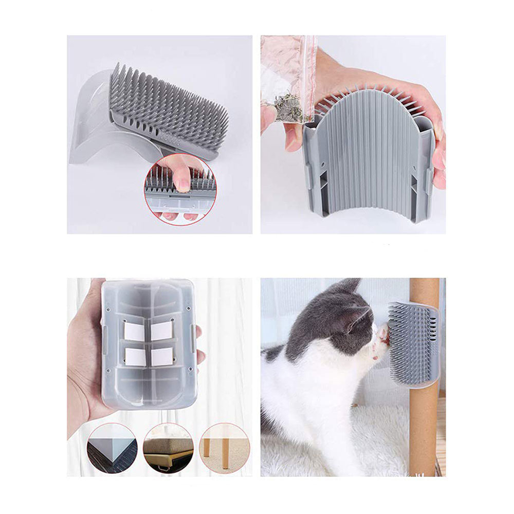 (4er Set) 12x8cm Katzen Pflege Massage Bürste Katzenspielzeug Fellbürste Befüllbar mit Katzenminze für Wände / Stuhlbeine - Grau