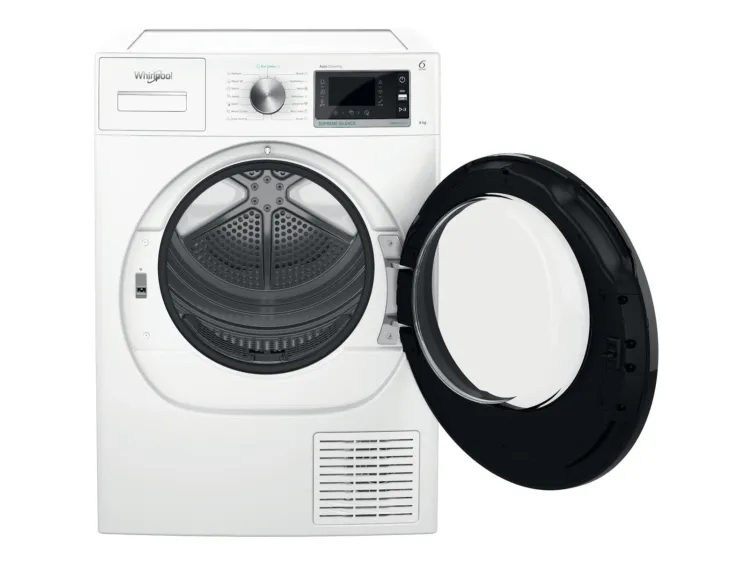 Whirlpool W7 D94WB EE, Fritstående, Front-læsning, Kondensering, Sort, Hvid, Knapper, Dreje, Højre