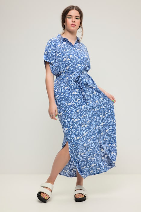 Maxikleid, oversized, Allover-Print, Hemdkragen, Knopfleiste