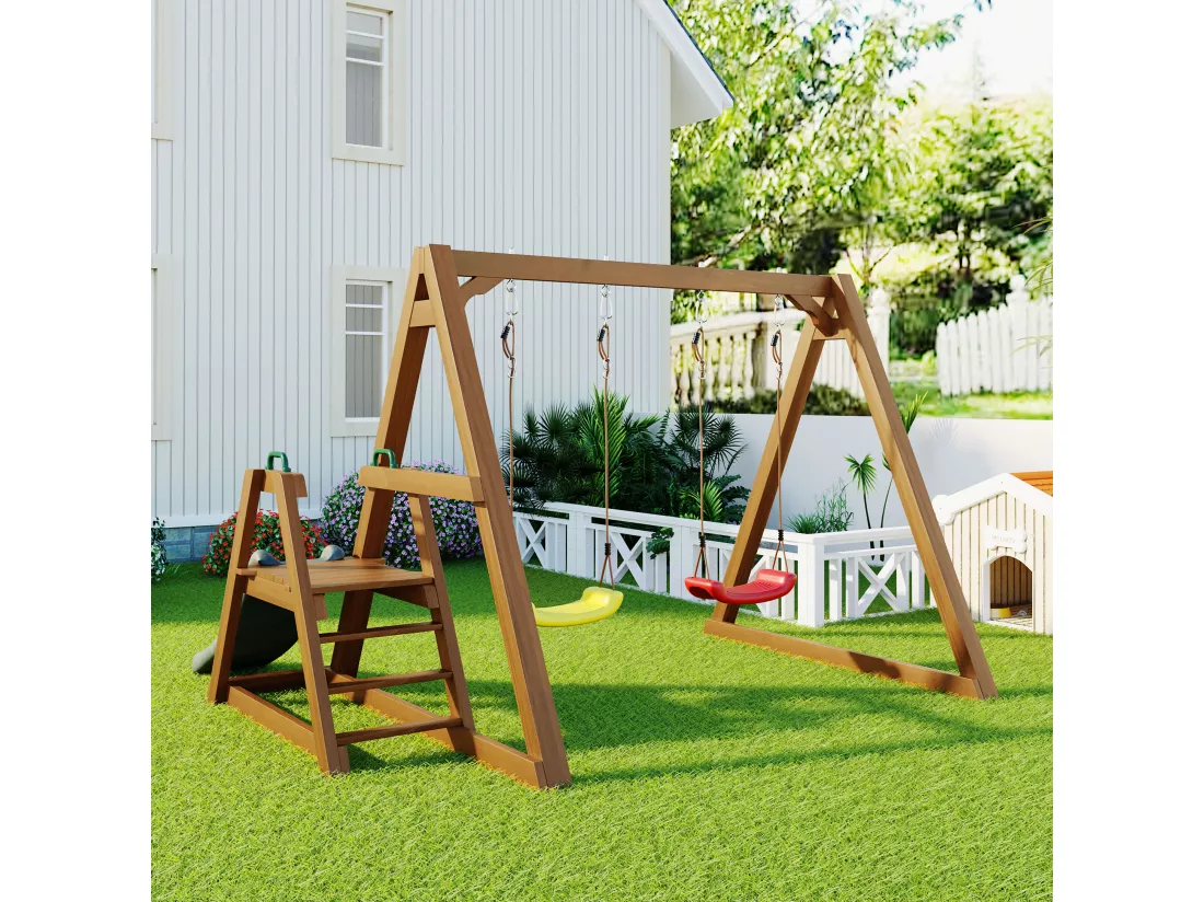Balançoire double pour enfants - 239 x 240 x 169cm - en matériel bois - avec toboggan et échelle d'escalade - Naturel
