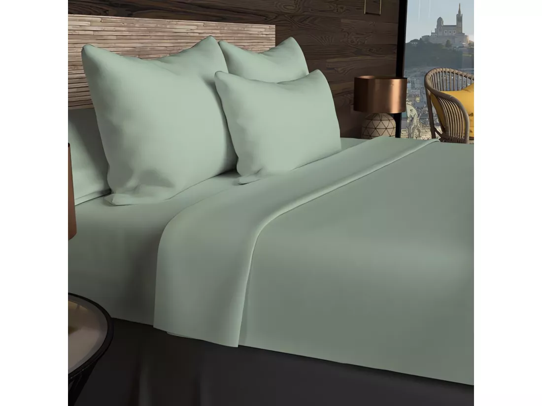 Drap plat en coton 57 fils 180x290 cm UNI vert d'eau, par Soleil d'ocre