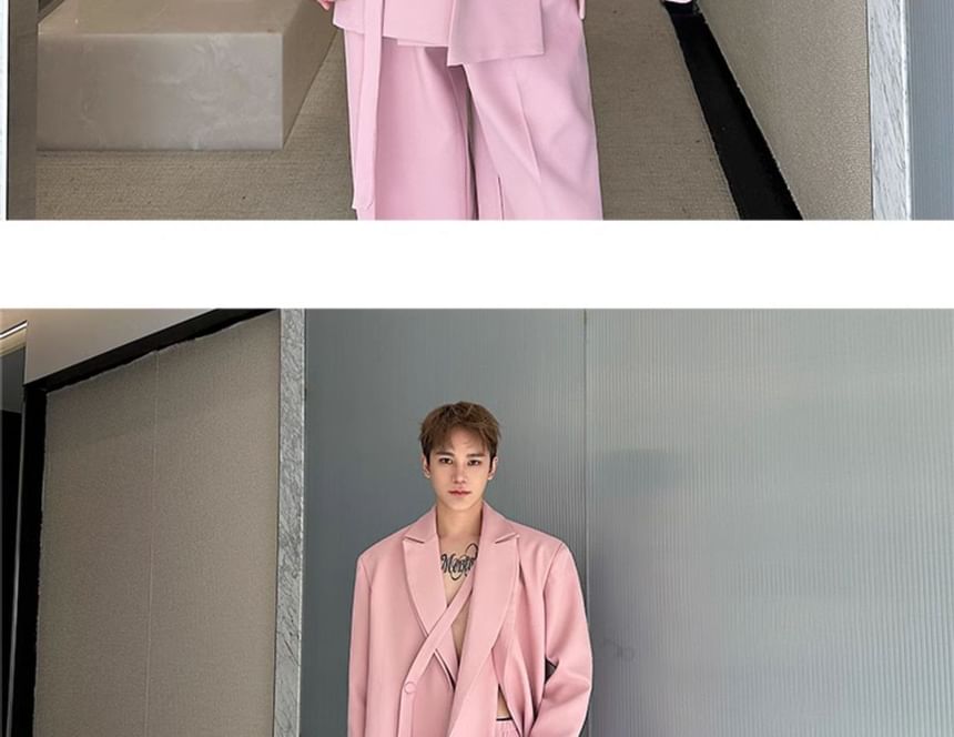 Omozando - Set: Mock Two-Piece Peak Lapel Plain Buttoned Slit Blazer + Mid Rise Wide Leg Dress Pants