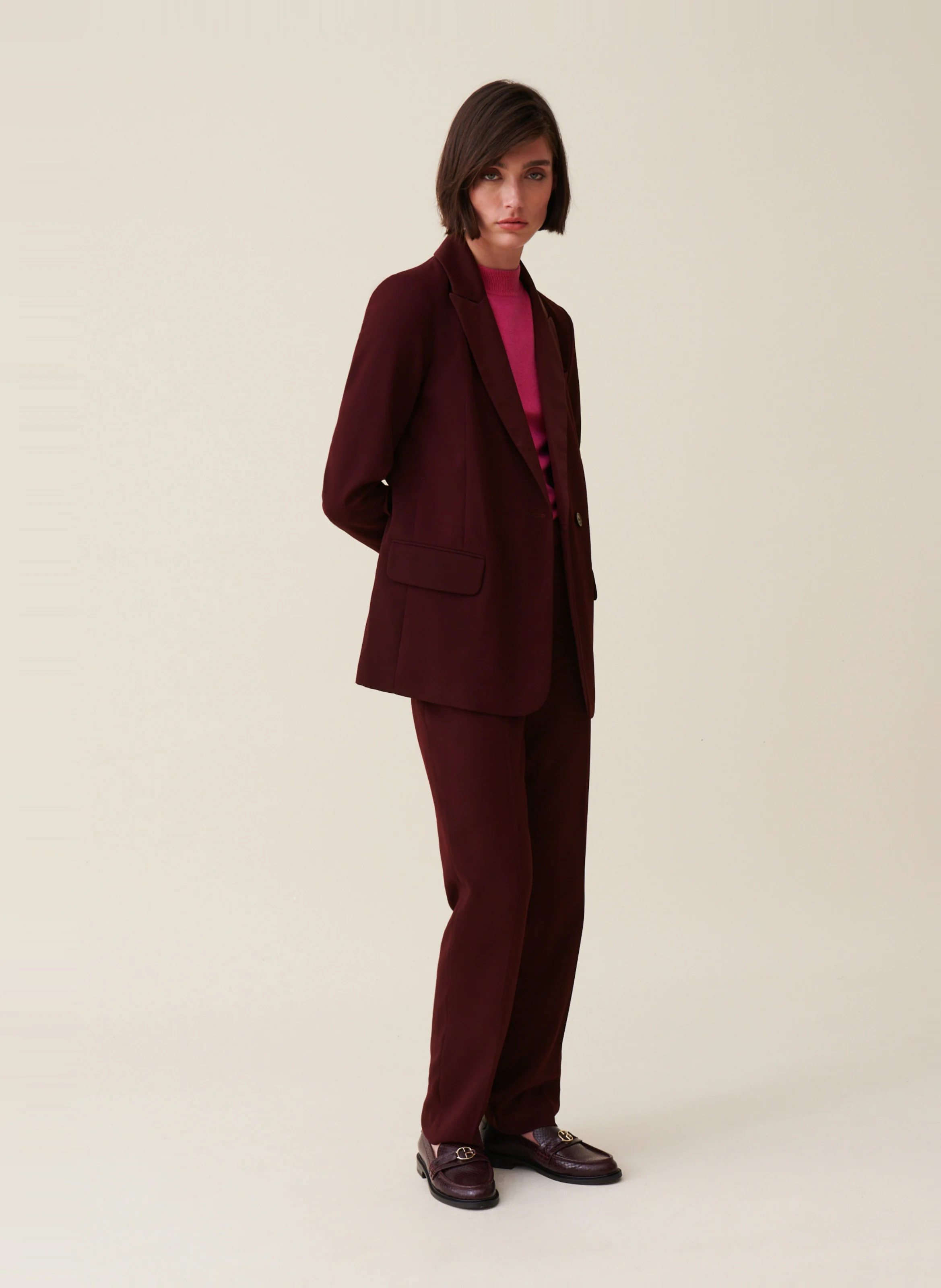 Veste de tailleur droite ceinturée | Rouge