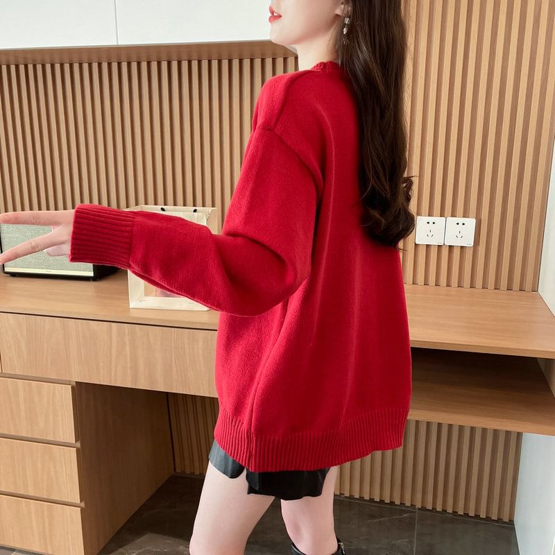 Jewie - Oversized trui met ronde hals en berenprint