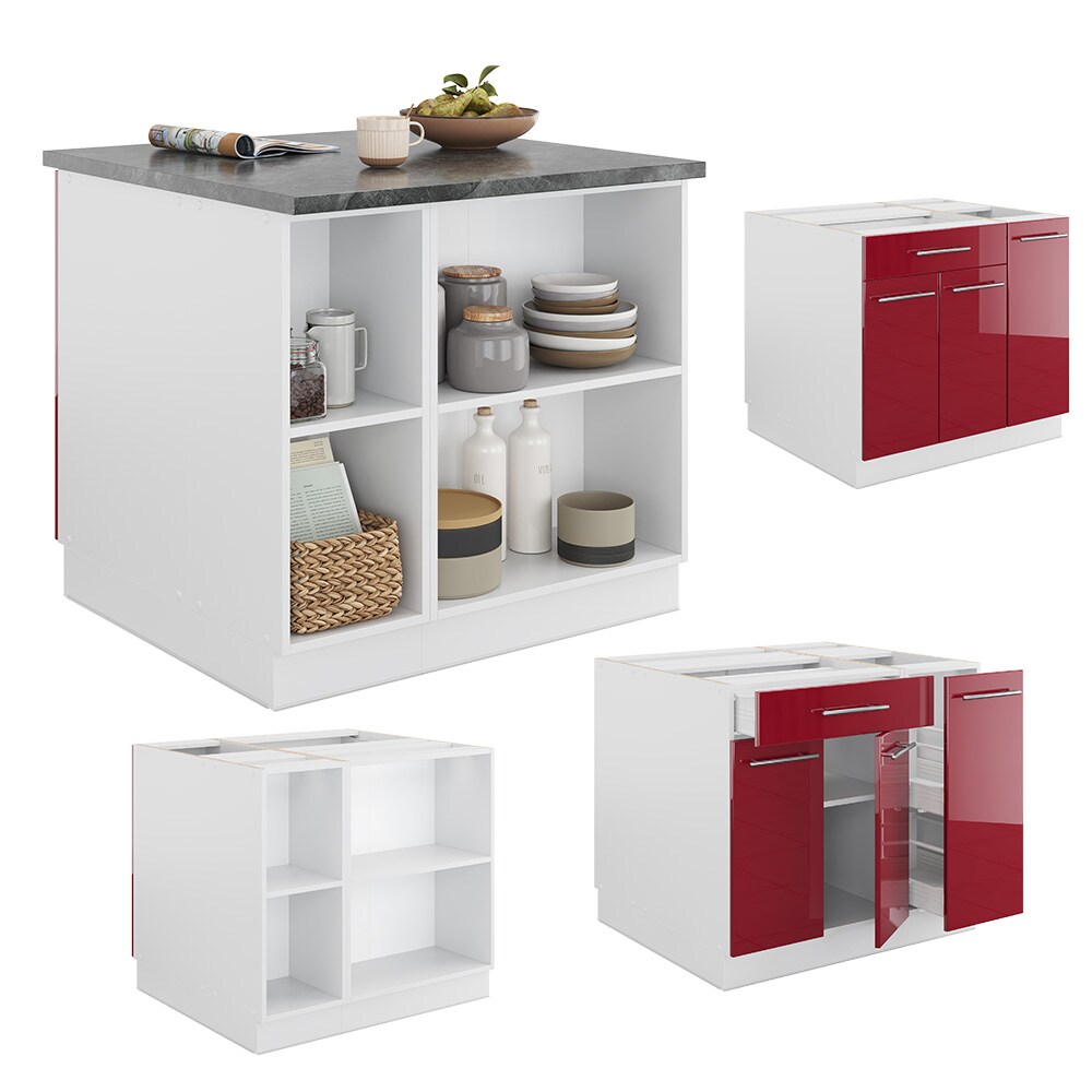 Vicco Kücheninsel Küchenblock Einbauküche Fame-Line Weiß Bordeaux-Rot 90 cm modern Hochglanz Küchen Schränke Apothekerunterschrank Schubunterschrank Regalinselunterschrank Softclose-Scharnier Küchenmöbel