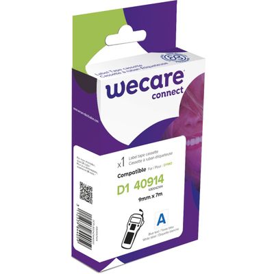 WECARE - Ruban d'étiquettes auto-adhésives pour DYMO - D1 40914 - 1 rouleau (9 mm x 7 m) - fond blanc écriture bleue