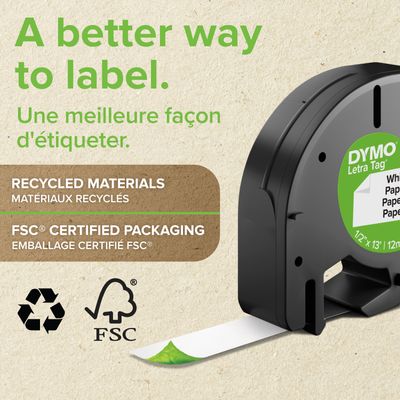 Dymo LetraTAG - Ruban d'étiquettes plastique auto-adhésives - 1 rouleau (12 mm x 4 m) - fond bleu écriture noire