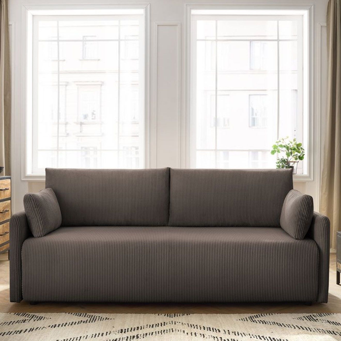Bobochic Canapé convertible coffre marcel velours côtelé taupe  - 211x100x86 cm