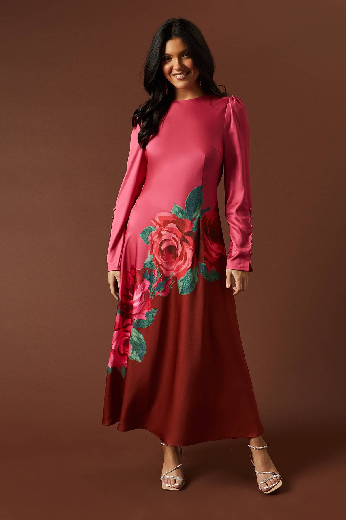 Oasis Robe Maxi Premium en Satin à Imprimé Placé avec Détails Boutonnés