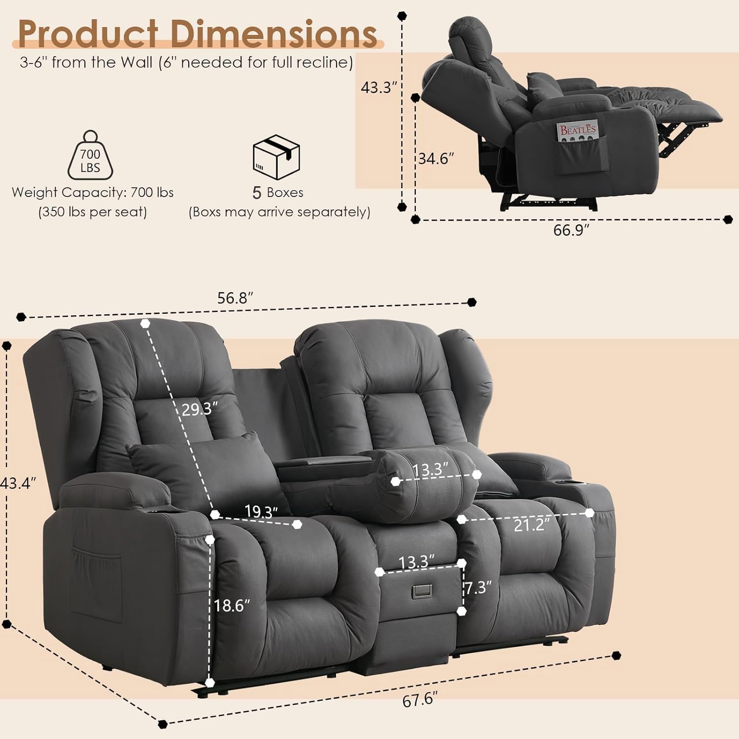 SAMERY Zweisitzer Relaxsessel mit Liegefunktion, 2er-Fernsehsessel Kinosessel 2 Sitzer TV Sessel Heimkino Sitze mit klappbare Mittelkonsole, 4 Getränkehalter (Anthrazit, 172cm Zweisitzer)
