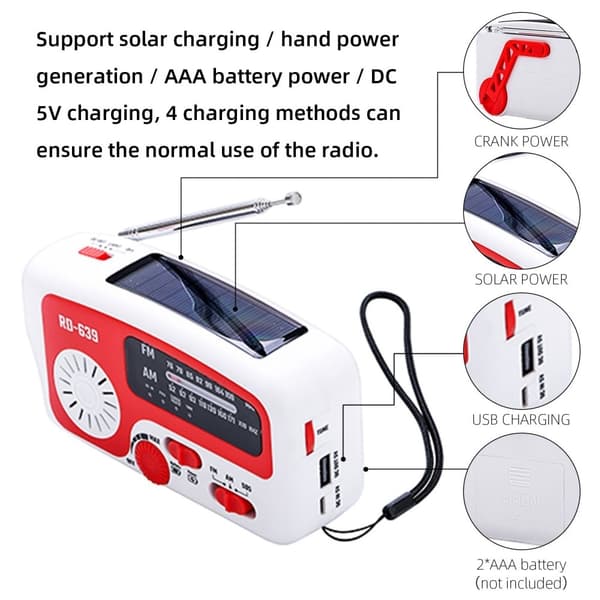 AM/FM nødradio Håndveivlommelykt SOS Solcelle PowerBank USB
