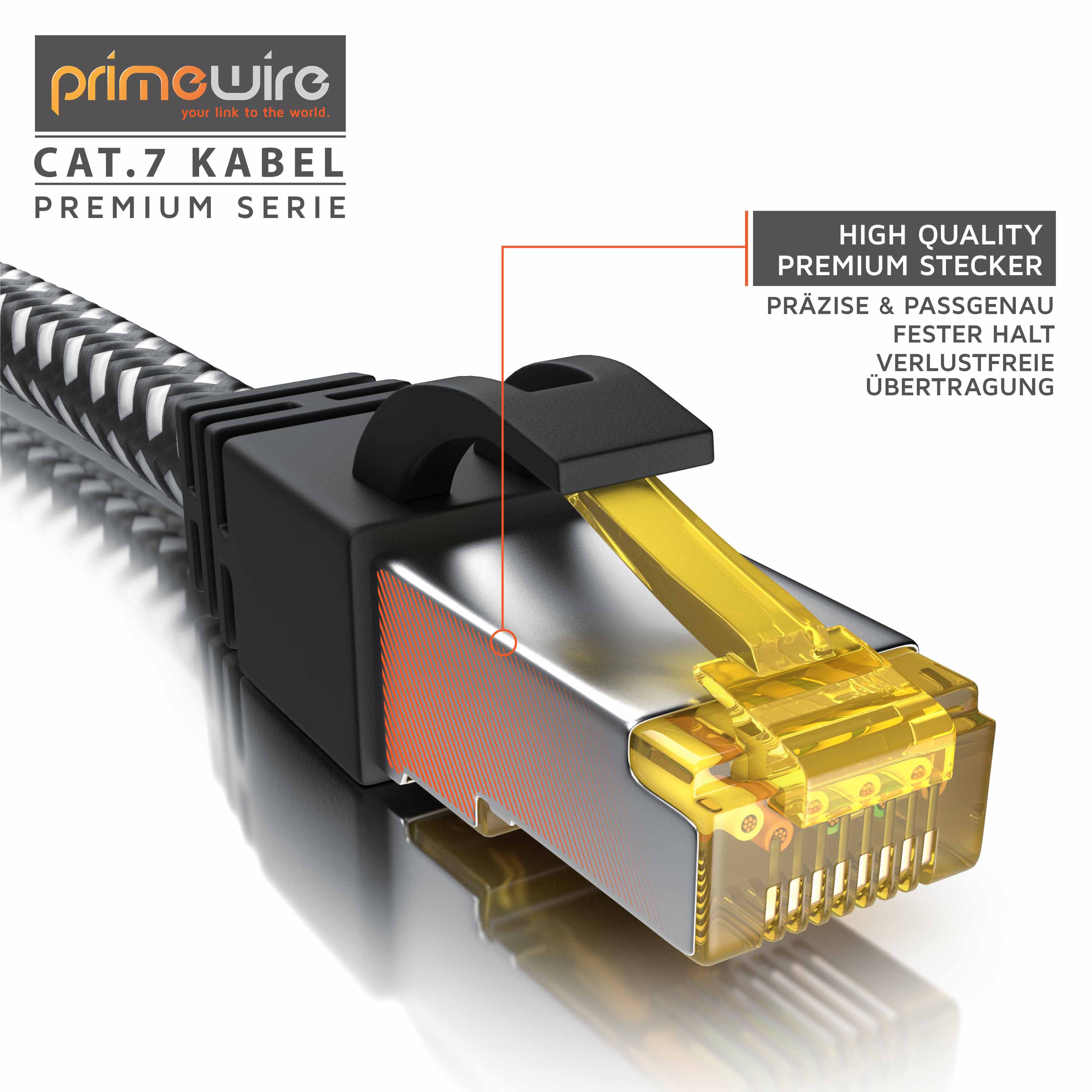 Primewire Patchkabel CAT 7 Rohkabel mit Baumwollummantelung- Gigabit Ethernet LAN Kabel - 10 Gbit/s - S/FTP PIMF Schirmung - Netzwerkkabel - 15m