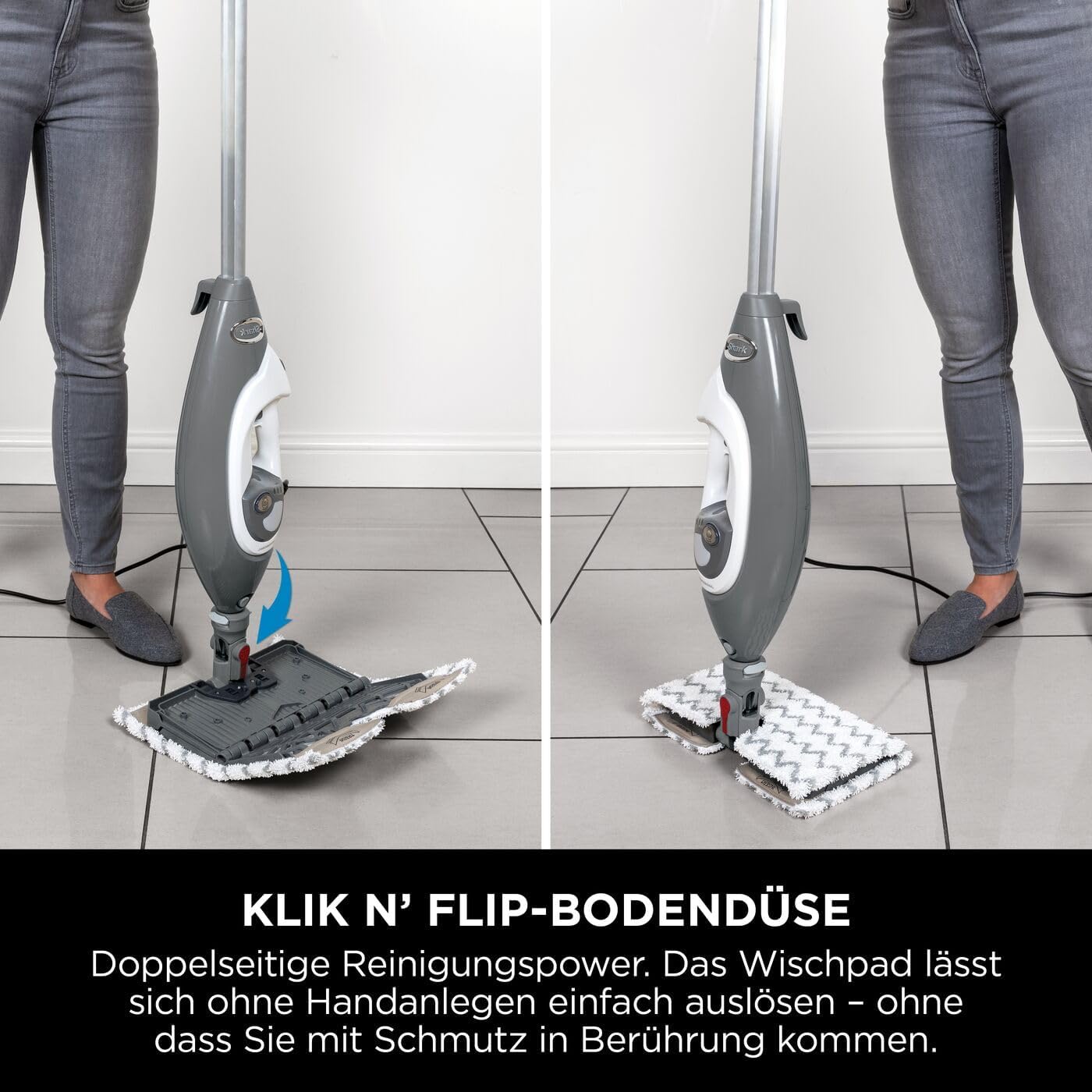 Shark Klik n' Flip Dampfreiniger, Boden- und Handreiniger, Dampfreiniger für Hartböden, Fliesen, Oberflächen, Wasserhähne und Glas, 5 Zubehörteile, 2 Einstellungen, Grau/Weiß S6005EU