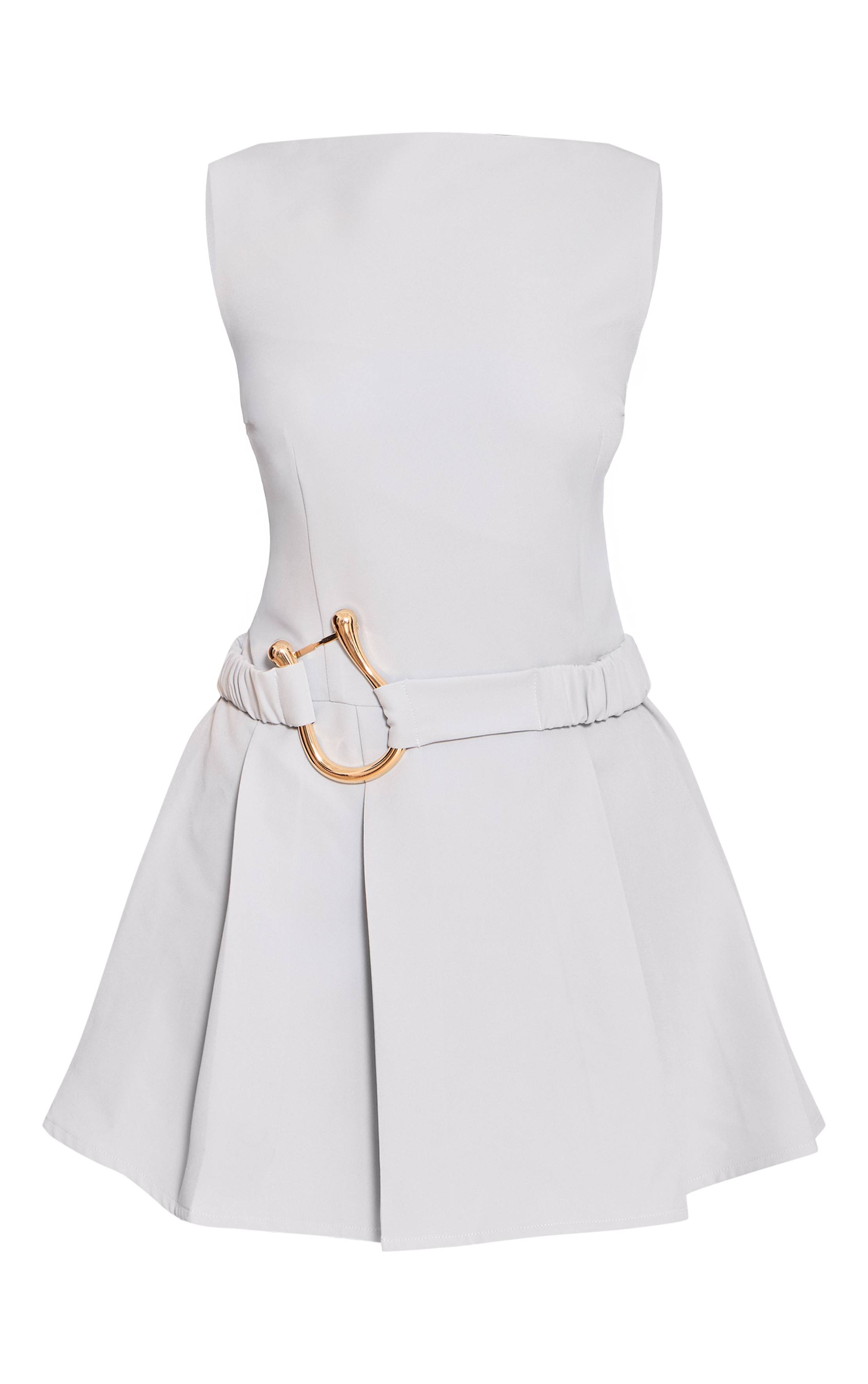 Bleu Poudré Robe Droite Plissée À Détail Ceinture Tissée