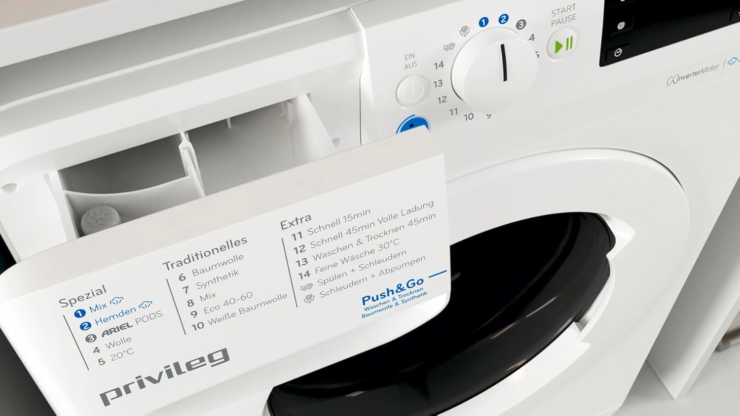 Privileg PWWTV X 8645 DE Waschtrockner Frontlader/1400 U/min/Waschen 8 kg/Trocknen 6 kg/ EEK D/Push & Go/Express 30'/ Waschen & Trocknen 45°/Kurz 45'/Inverter-Motor/Mehrfachwasserschutz