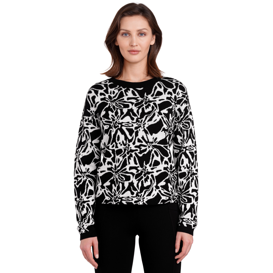 Gina Benotti Damen Strickpullover mit Blumen-Muster schwarz / weiss