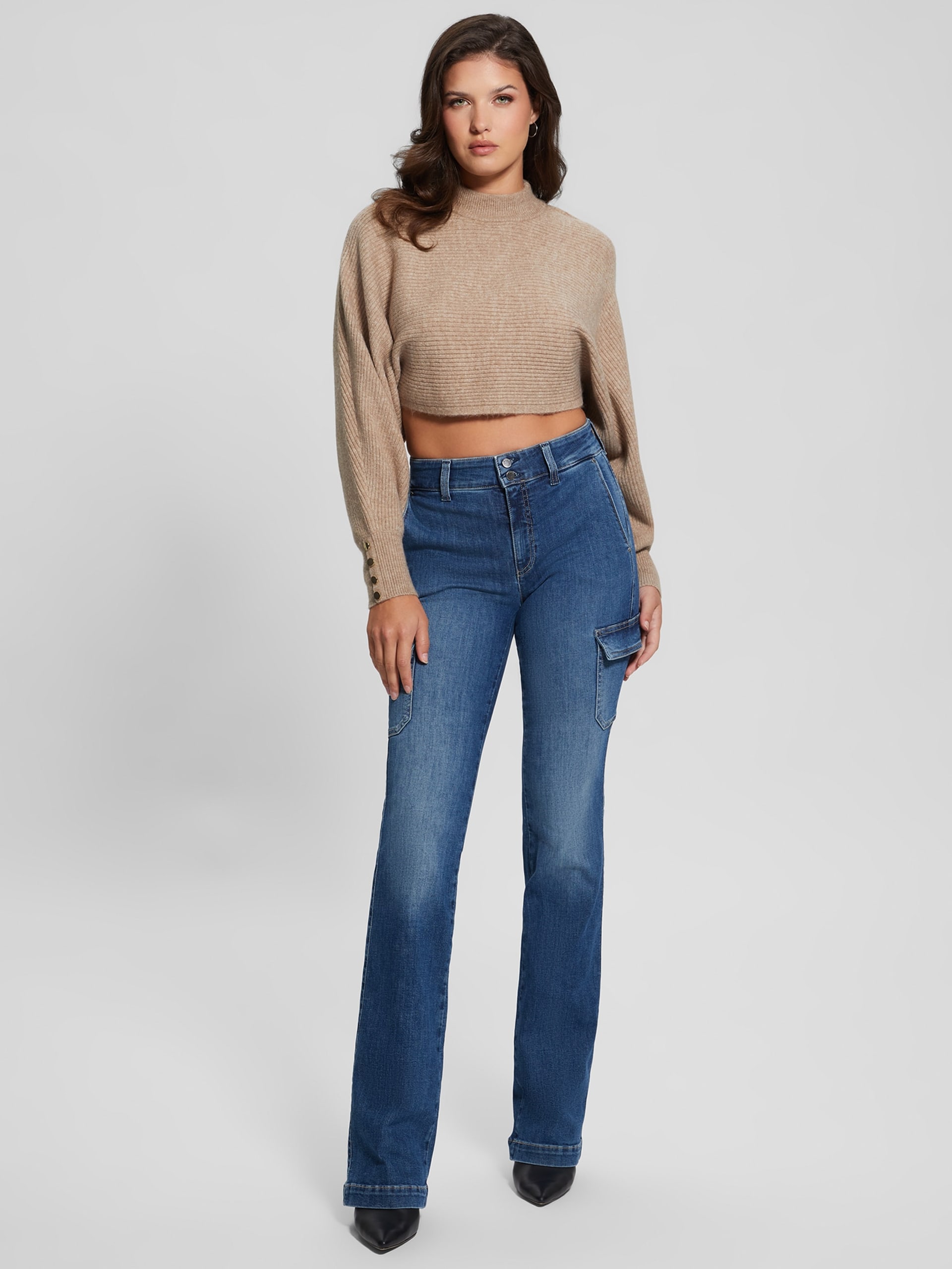 Calça jeans cargo mini bootcut