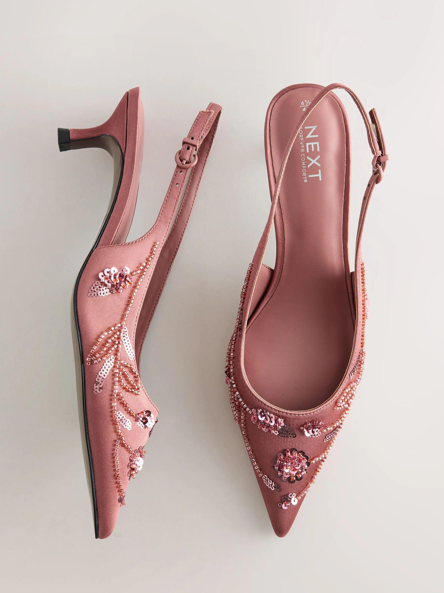 Roze - Forever Comfort Satin Beaded Slingback Kitten Heels