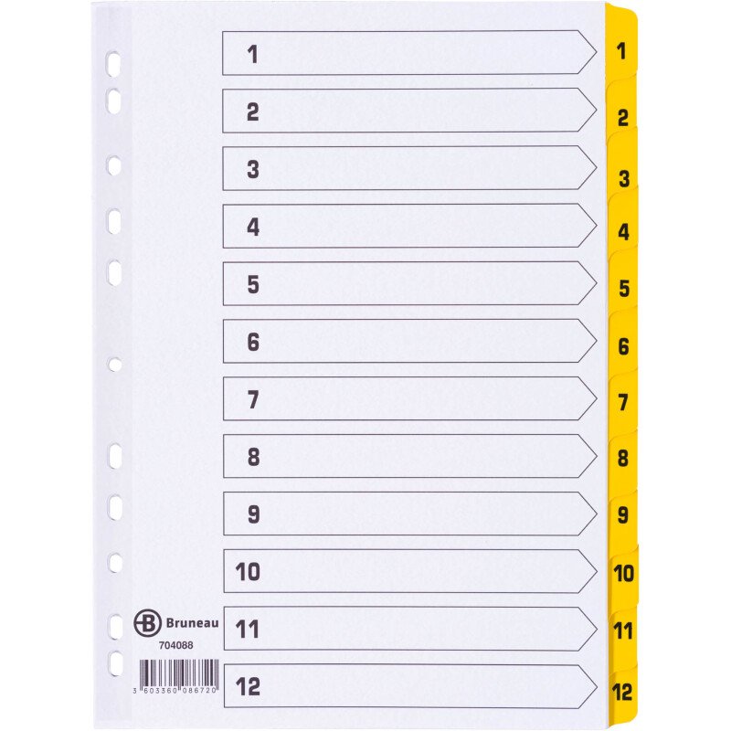 Intercalaire A4+ carte bristol blanche Bruneau 12 onglets numériques jaune - 1 jeu