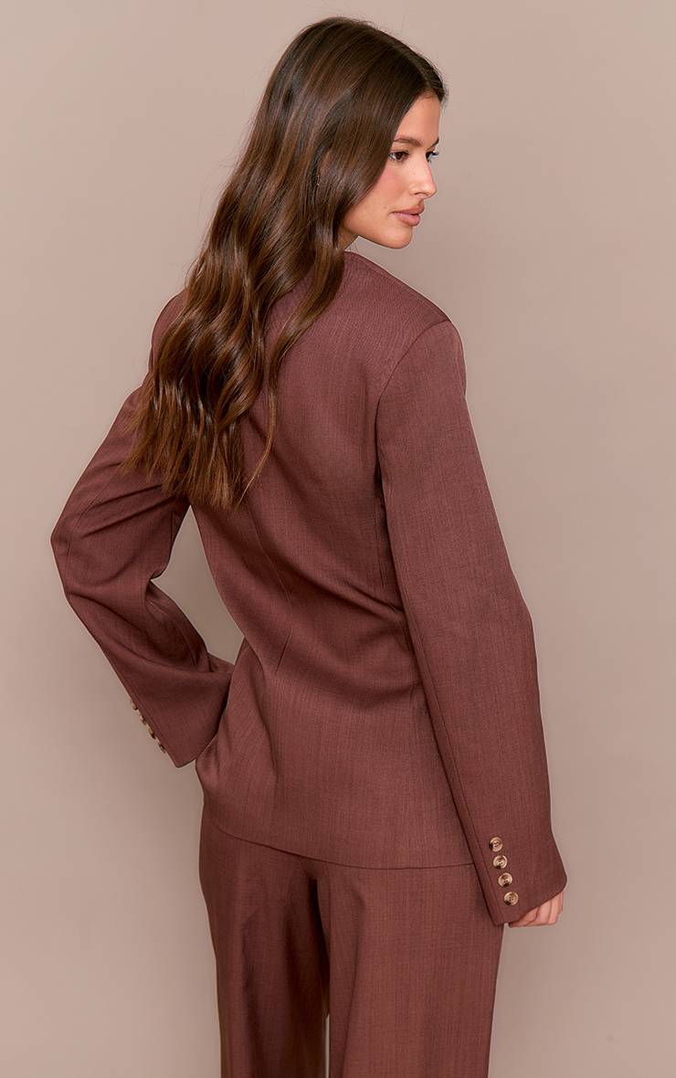 Châtaigne Blazer Ajusté Sans Col Boutonné En Tissu Premium