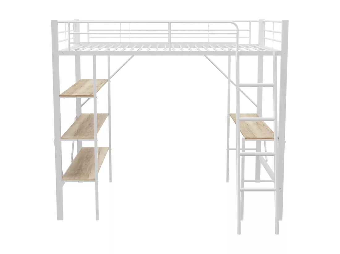 Lit mezzanine en fer - 90x200cm - avec bureau et 3 étagères - Blanc