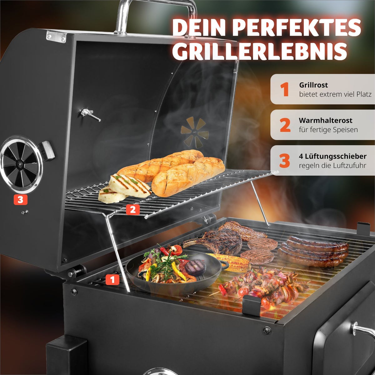 tectake Florian houtskoolgrill met 2 wielen, 115 x 65 x 107 cm
