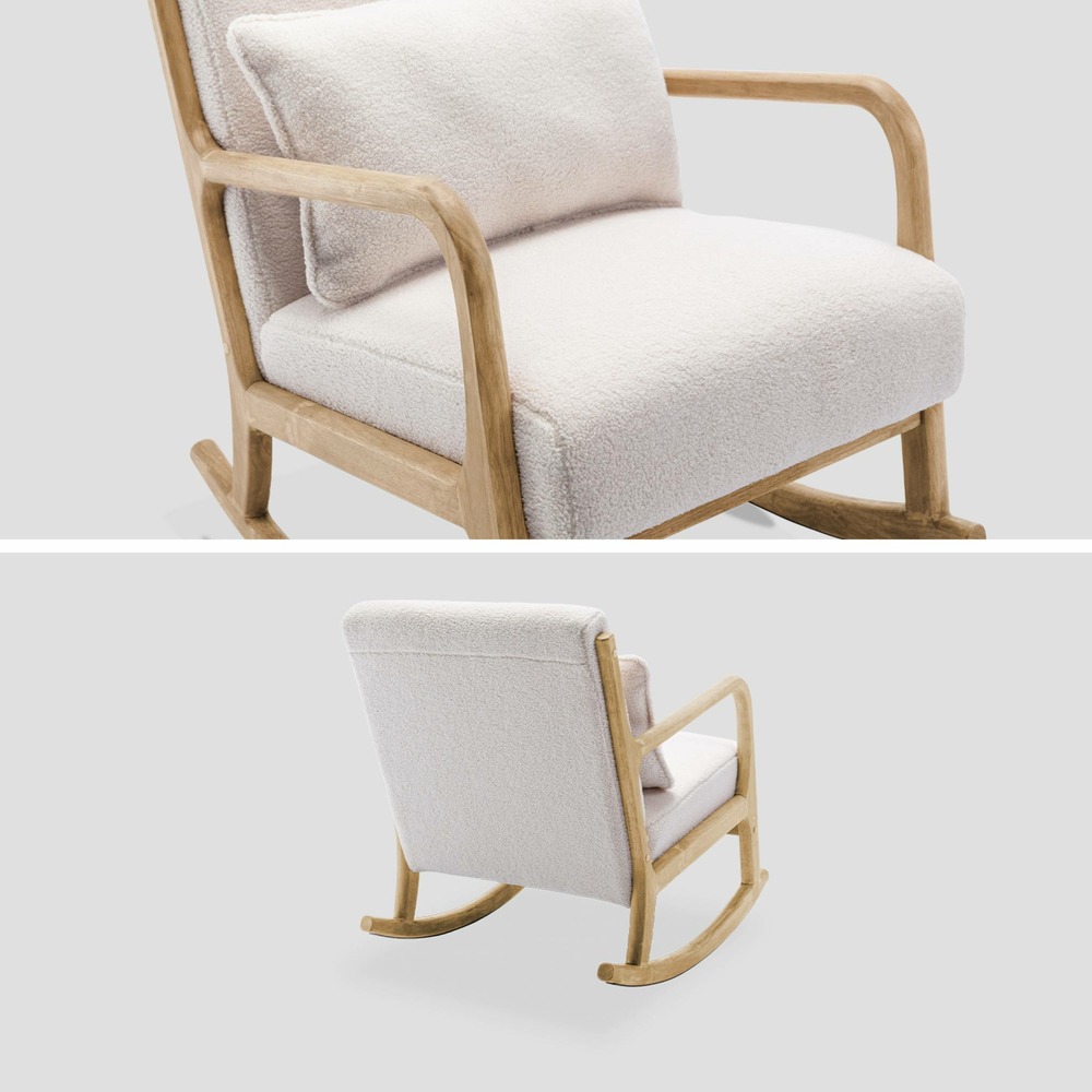 Fauteuil à bascule design en bois et tissu. Bouclettes blanches. 1 place. Rocking chair scandinave
