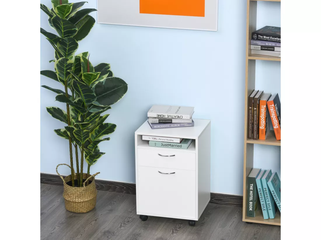 HOMCOM Caisson de bureau rangement bureau sur roulettes tiroir placard niche panneaux particules blanc