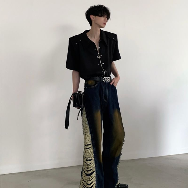 JUN.LEE - Kort mouwloos effen overhemd met ritsdetail en studs