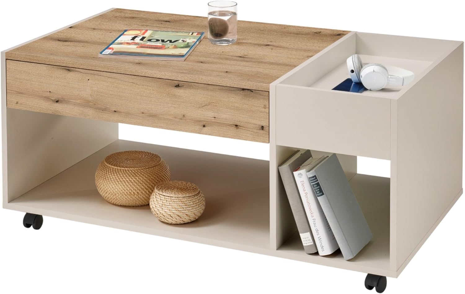 moebel-dich-auf Couchtisch Emilia Kaschmir Dekor, Absetzung Artisan Eiche Dekor, Ink. 4 Rollen, Ablagefach in der Tischplatte