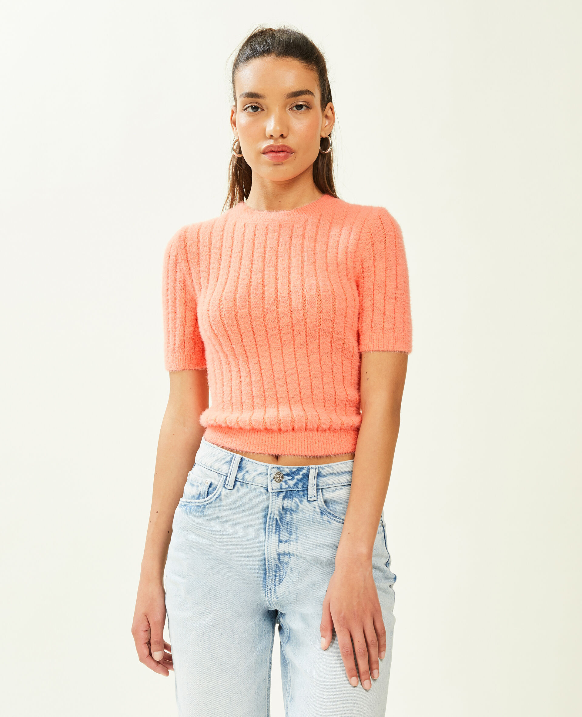 Pull duveteux à manches courtes - Rose